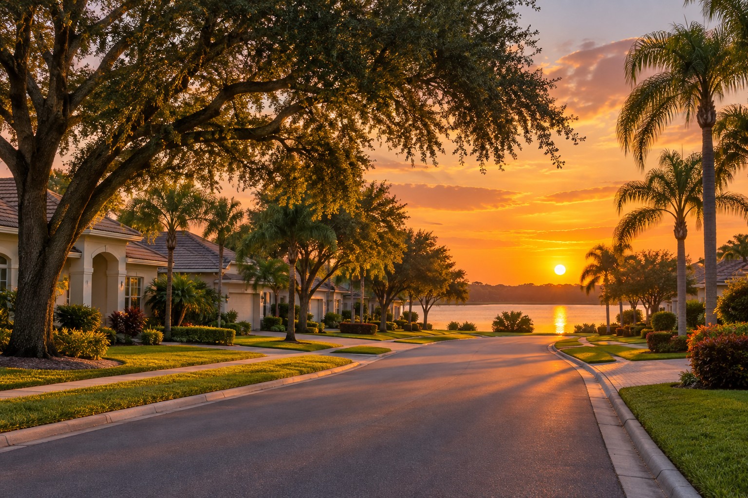 A Central Florida lakefront street at sunset, illustrative