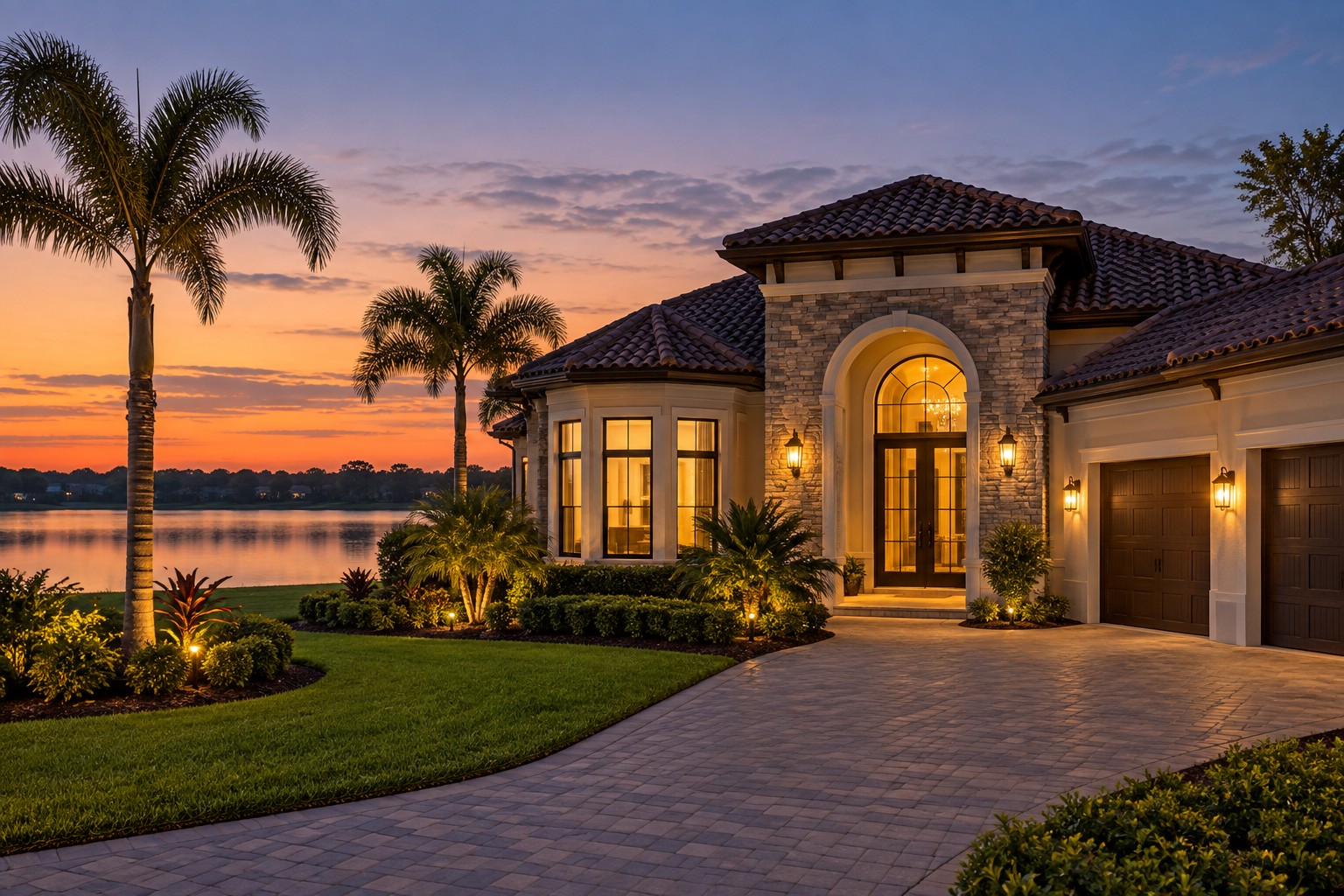 An Orlando area home exterior at dusk, illustrative